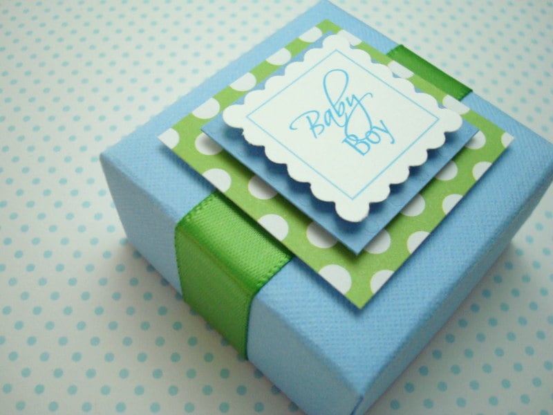 Personalized Baby Boy Favor Boxes Blue and Green Set of Ten