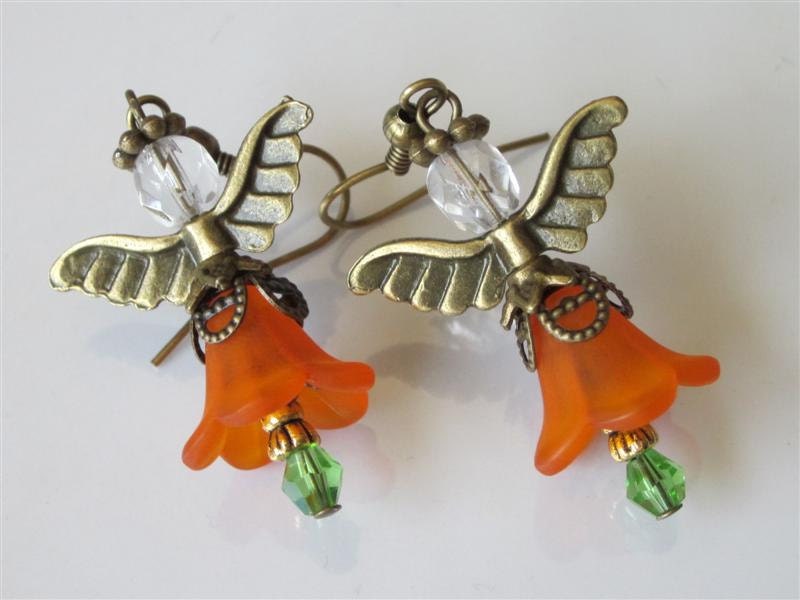 Orange Angel Earrings Lucite Flower Beaded Angel Small Dangle