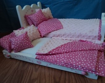 Doll Bed Trundle Bed and Bedding hand made that fits American Girl or 18inch dolls, doll bed