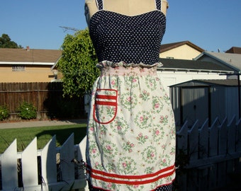 Vintage 1950s White And Red Rose Smocked Half Apron - Home Made