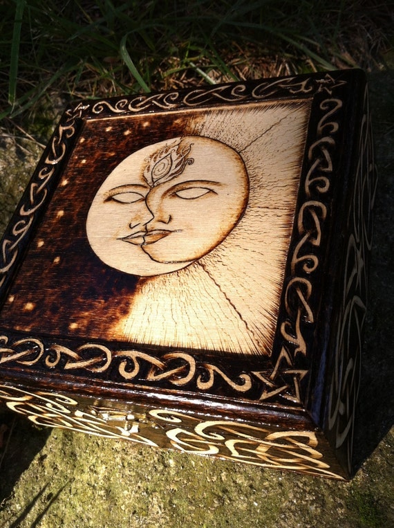 wood moon sun pyrography wooden burning jewelry patterns celtic boxes burned pattern woodburning knot crafts ooak burn stars knotwork tree