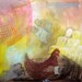 Painting Abstract figurative wood pink yellow red blue chairs two characters flying hen