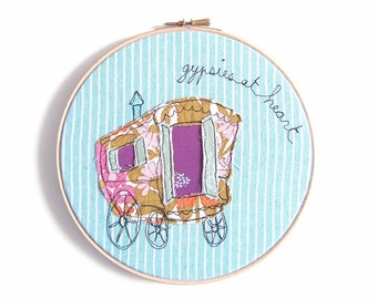 Gypsies at Heart - Personalised Embroidery Hoop Art - Whimsical Textile Art in turquoise & purple - 8" hoop