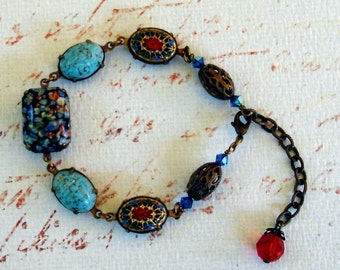 Vintage brass bead crystal bracelet - Ruffles and Lace