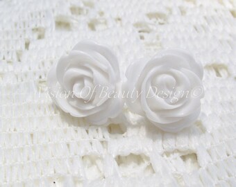 White Blooming Rose Stud Earrings