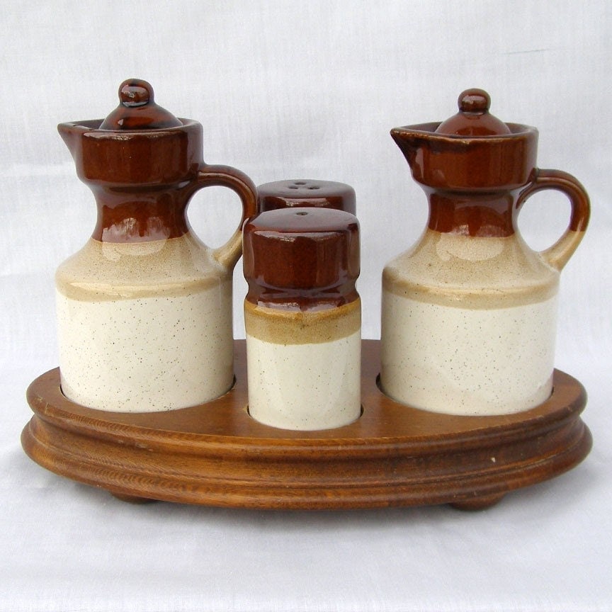 Vintage Ceramic Condiment Caddy Set With Wooden by MachoMachismo