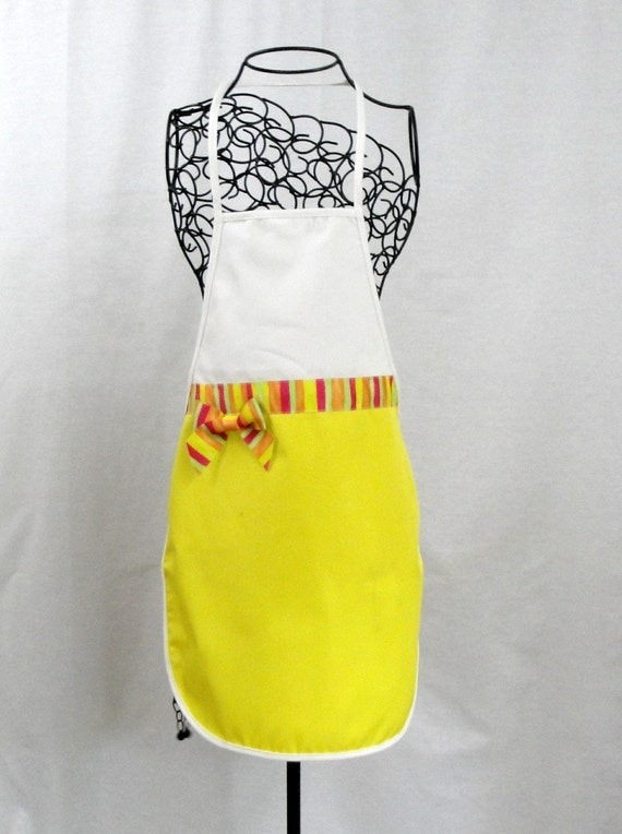 Personalized Adult Apron In Bright Yellow and White Twill Trimmed With Multi Striped Ribbon