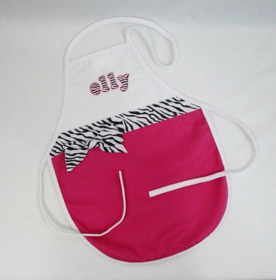 Personalized Child's Apron Hot Pink And White With Zebra Print