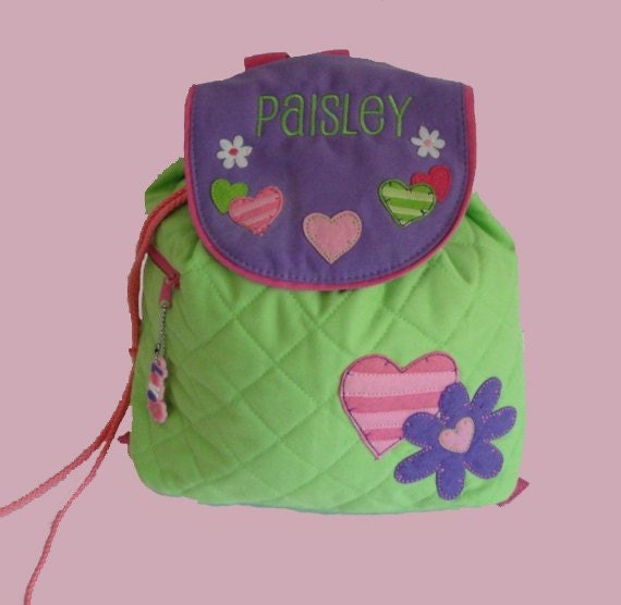 Personalized Stephen Joseph Backpack HEARTS Themed in Bright Green and Purple