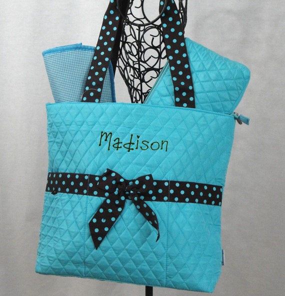 Three Piece Quilted Turquoise with Chocolate Brown Trim Diaper Bag Personalized for Free