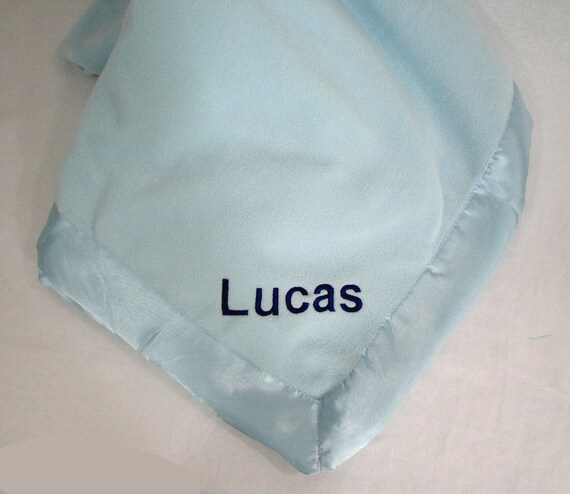 Super Soft Personalized Baby Blue Microfleece Baby Blanket Trimmed In Satin