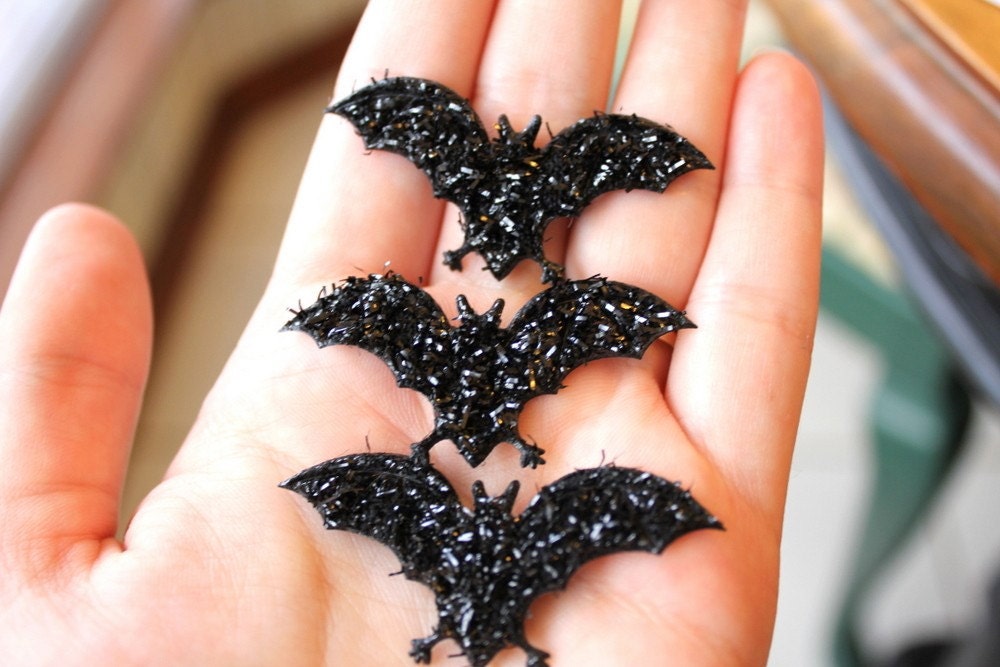 Cute Black Sparkle Bats Fabric Appliques 6pcs 52mm by EdenGlitters