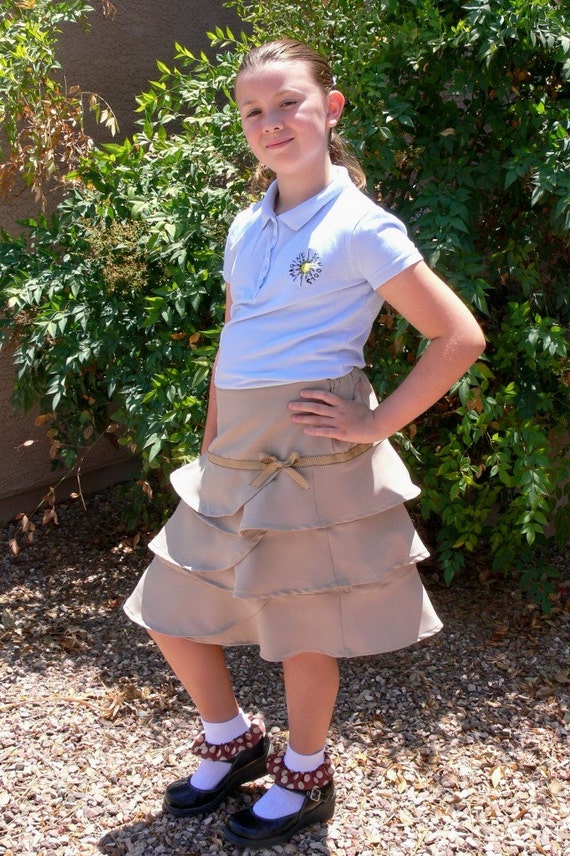 Tiered School Uniform Skirt in Khaki with Free Ruffle Socks