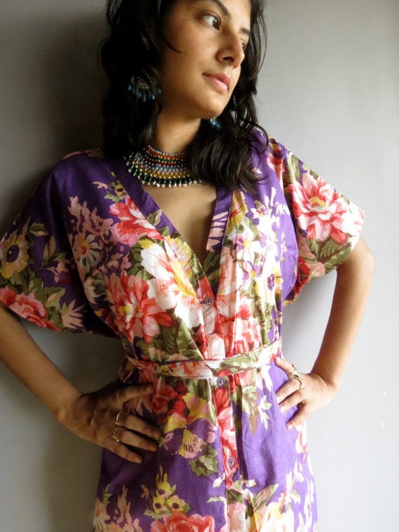 Purple Floral front button closure kaftan robe perfect as
