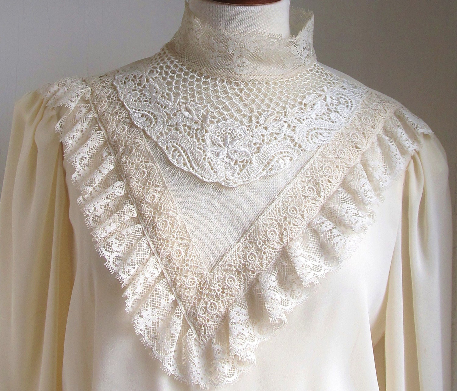 Vintage Victorian Style Lace High Collar Blouse S M Crochet