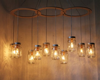 Mason Jar Chandelier Lighting Fixture, Large Rustic Mason Jar Pendant Lamp, 10 Jars, BootsNGus Lighting and Home Decor, Bulbs