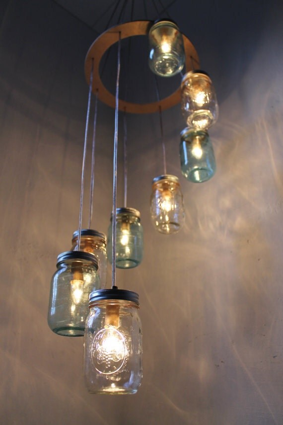Waterfall Splash Mason Jar Chandelier Handcrafted Hanging Handcrafted Hanging Spiral Lighting Fixture Blue Clear Jars