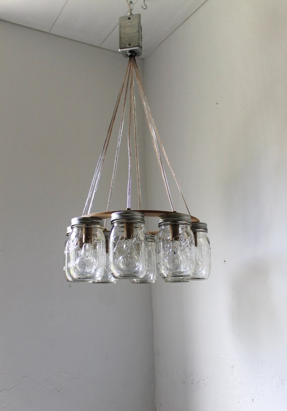WAGON WHEEL Mason Jar Chandelier Upcycled Handcrafted Modern