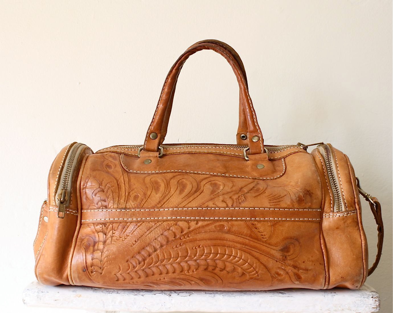 cross body doctor bag . tooled leather duffel