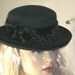 Vintage Black Wool Hat 1940s Bowler Style with Black Silk Flowers & Deep Velvet Burgundy Ribbon Around Brim Exec Cond