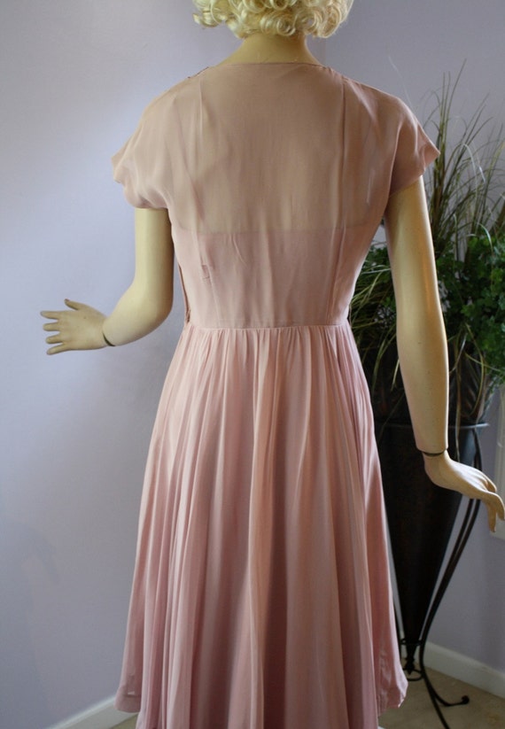 Vintage 50s Formal Dress Pink Sheer Chiffon w Crystal Beading