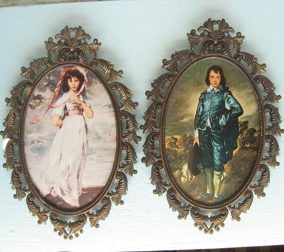 Vintage Set of Pinkie and Blue Boy Pictures in Brass Italy