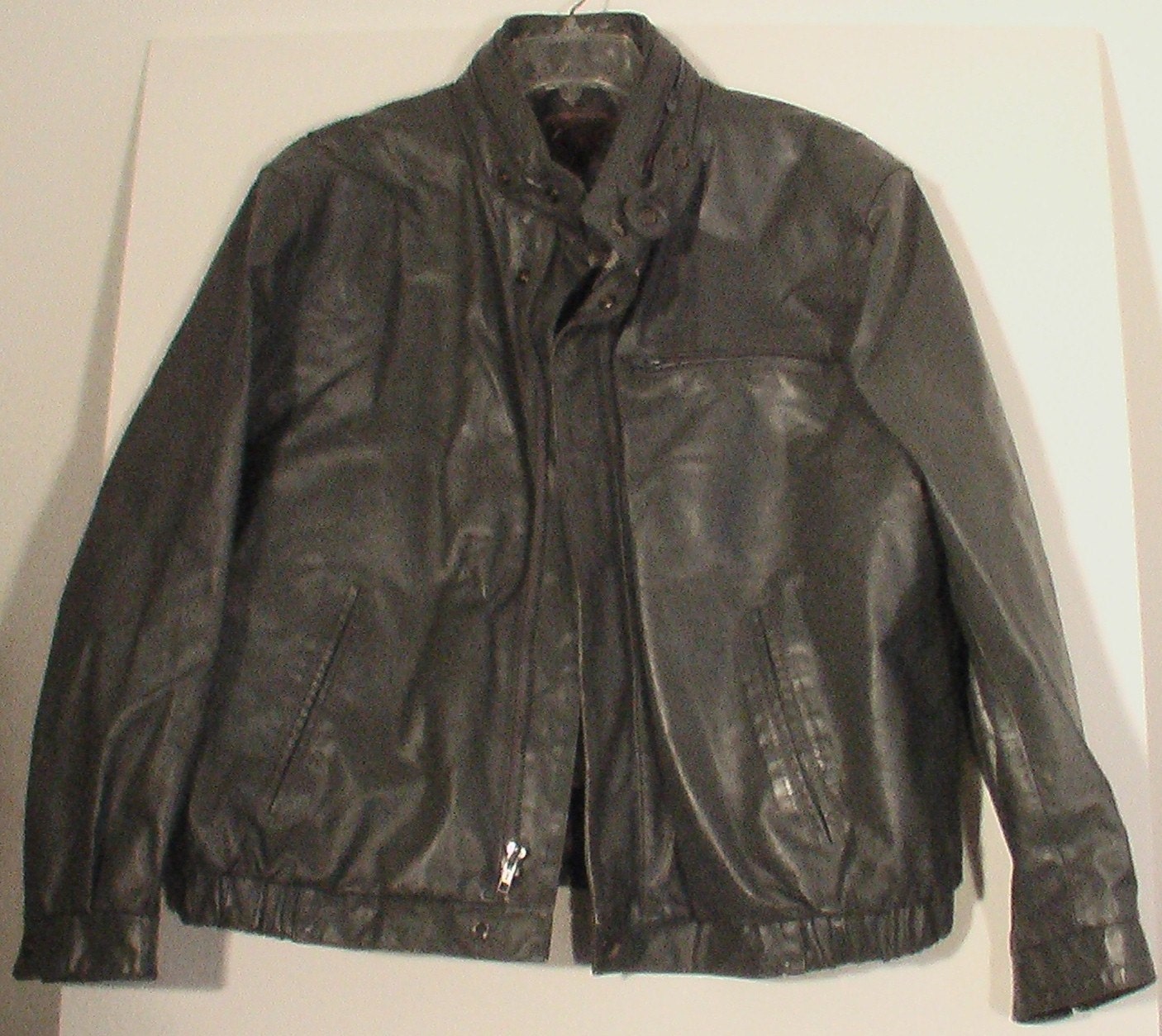 men's 80s gray leather jacket 46 48 XL L coat fur lining
