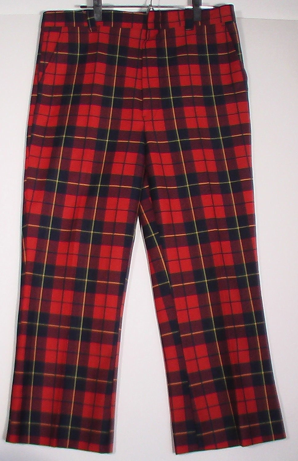 Men's punk red plaid polyester knit pants vintage 38 29 L