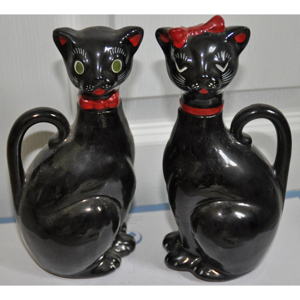 Vintage 1950's Shafford Black Cat Oil Vinegar Cruets
