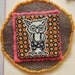 happy owl with overalls, embroidered wool felt badge with vintage clip art