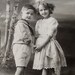 vintage sweethearts, little boy and girl holding hands, lovely sepia postcard