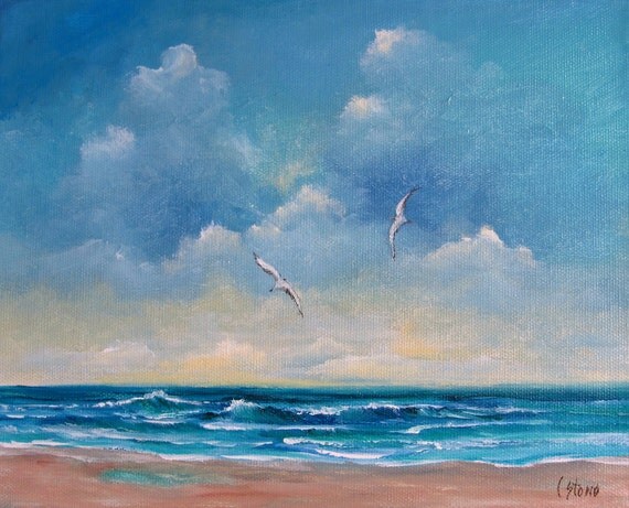 ORIGINAL Seascape Seagulls Painting Art on by ValentineStudiosArt