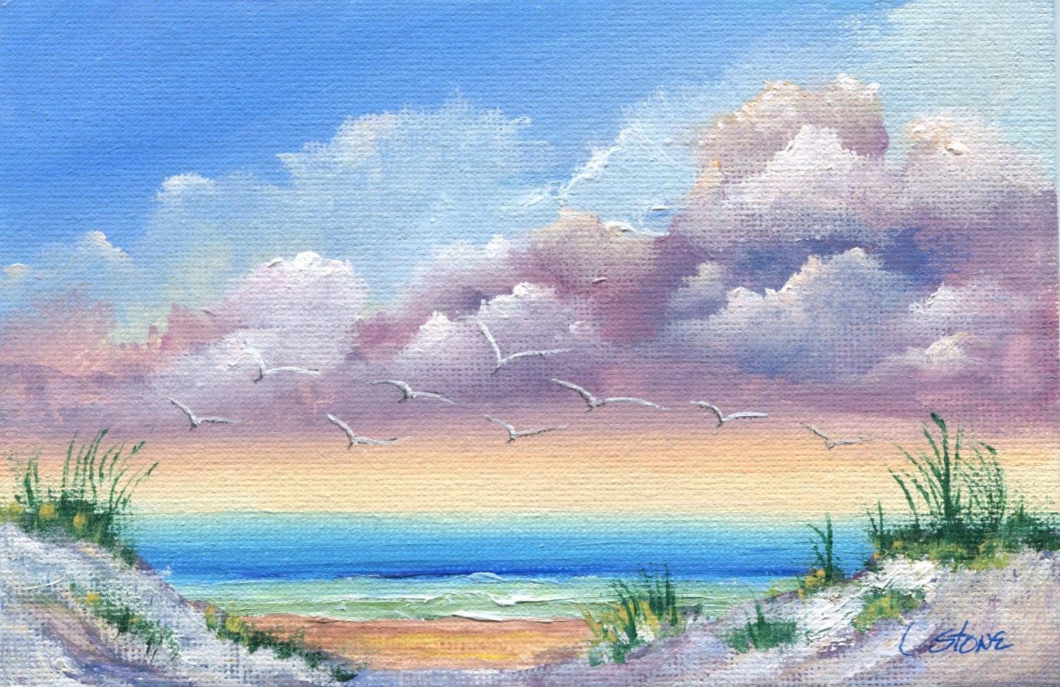 Original Seascape Painting Sand Dunes And Seagulls On Canvas