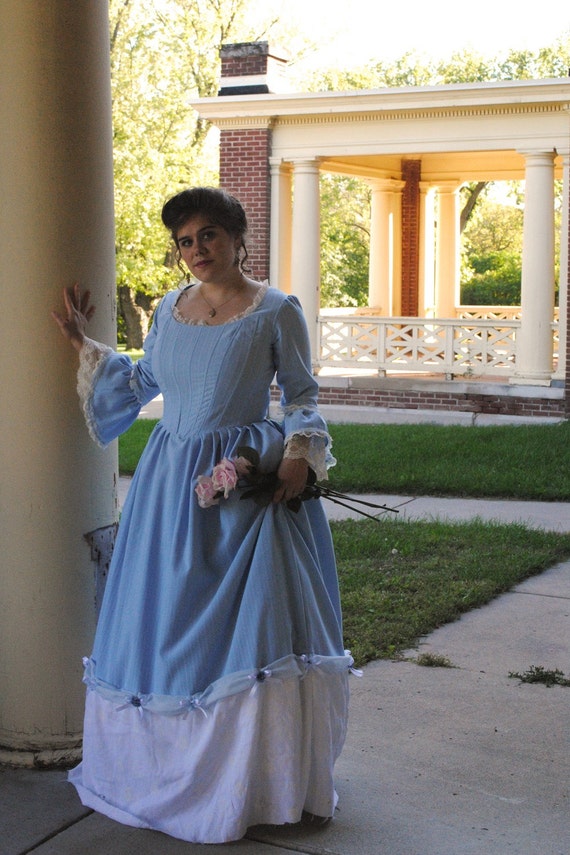 Colonial 18th Century Rococo Blue White Tea Ball Dress Gown