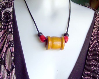 Sale Vintage thread spool Necklace red black wood beads black satin cord treasury item Season of love