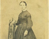 Poughkeepsie NY Civil War 1860s Woman Standing in Black Dress CDV Antique Studio Portrait With 2 Cent Revenue Tax Stamp Photo Photograph