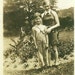 1920s Farm Kids Photo Little Boy In Denim Overalls Girl in Sleeveless Dress Jumpsuit Brother Sister Photograph