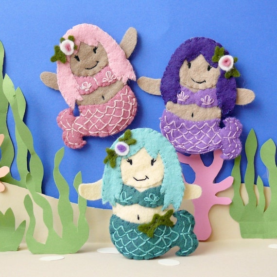 Items similar to Mermaid Trio - Wool Felt Finger Puppet - handmade toy ...