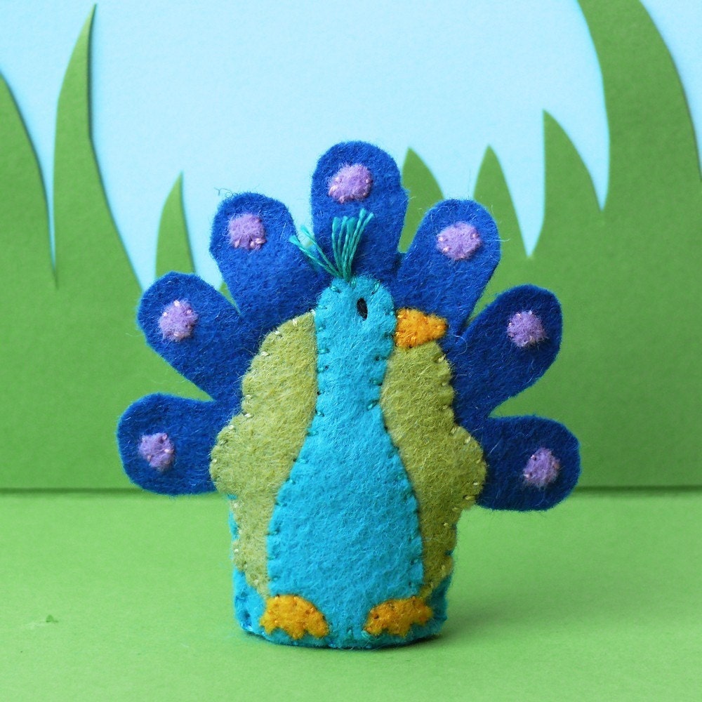 Peacock Wool Felt Finger Puppet by stayawake on Etsy