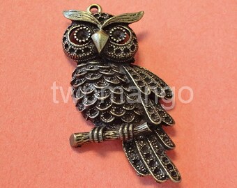 2 Large Owl Antique Bronze Pendant Charm...60mm x 30mm...N40
