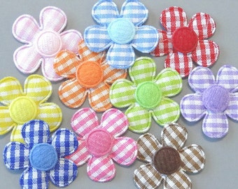 30 Padded Felt Gingham Flower Appliques 1 inch 10 Colors EA232