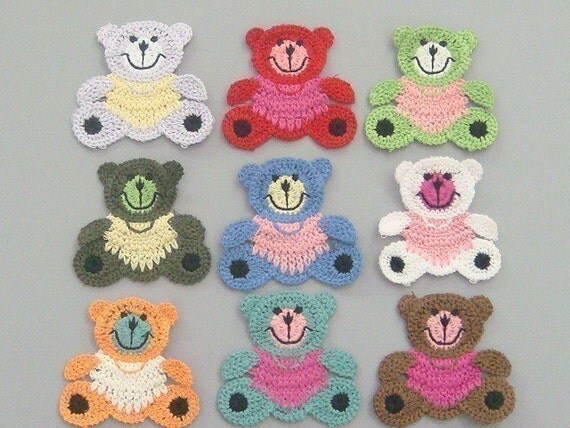 9 Large Crochet Teddy Bear Appliques 9 Colors EA132