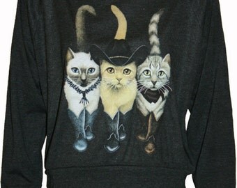 Hipster Cats in Boots Pullover Slouchy "Sweatshirt" Top American Made Black S, M, or L