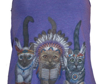 Three Native Kitty Cats Tank Top American Apparel Purple XS, S, M, or L