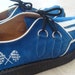 Tredair U.K. Royal Blue Suede Low D-Ring Creepers with Racing Stripes and Flags- Made in England