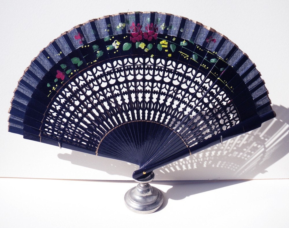 Gorgeous hand painted Spanish fan wood and fabric navy