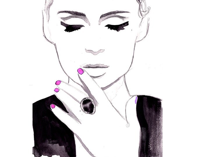 Print from original watercolor and pen fashion illustration by Jessica Durrant titled Midnight City