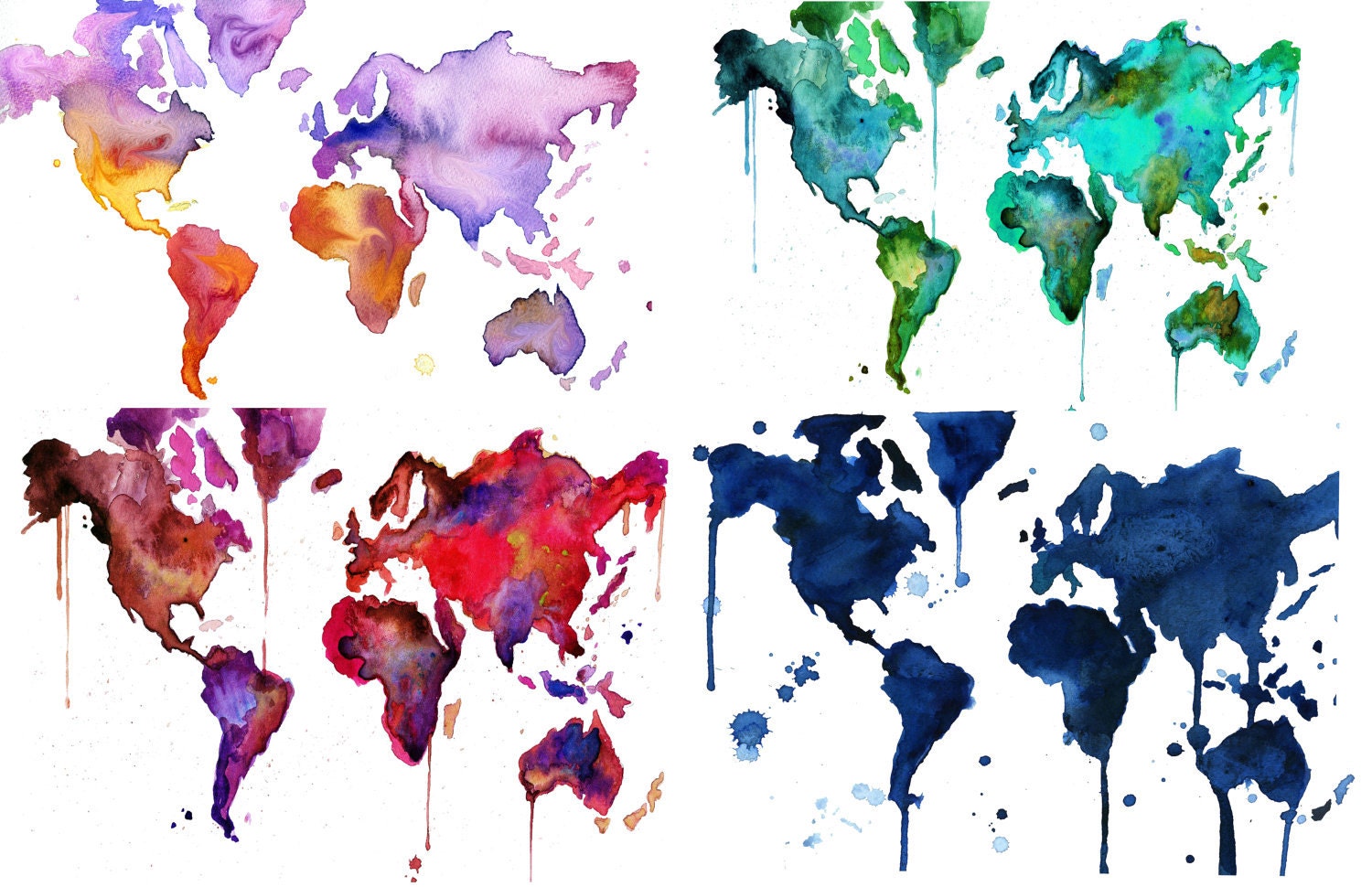 Watercolor World Map Series 5 X 7 Mini Print Set