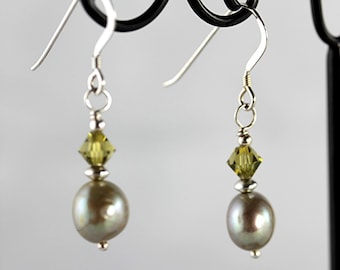 Olive Freshwater Pearl and Crystal Earrings