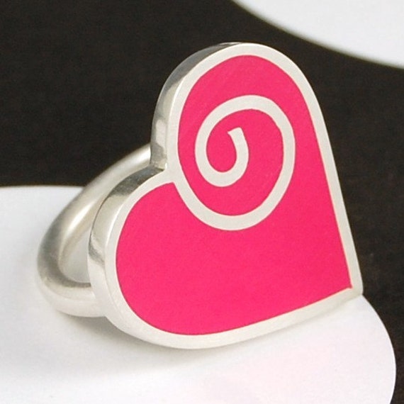 Pink Heart Ring Heart and Spiral Ring Hot Pink Resin Heart